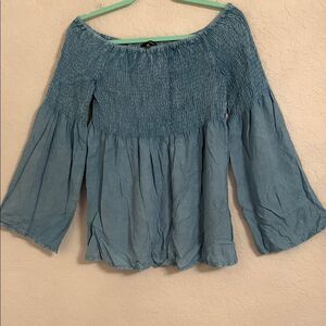 NWT Style Envy Rayon Tie Dye Blue Off-Shoulder Long Bell Sleeve Flowy Top Size M